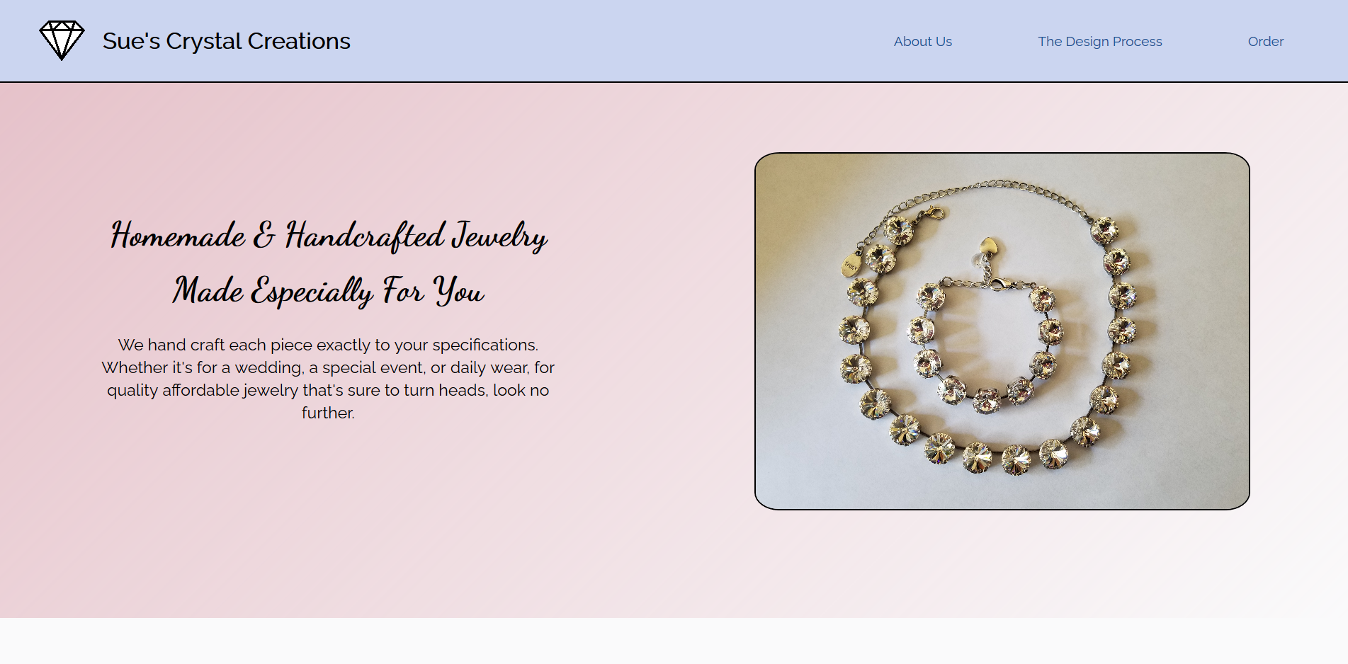 Sue's Crystal Creations: A product landing page for a handmade jewelry company.