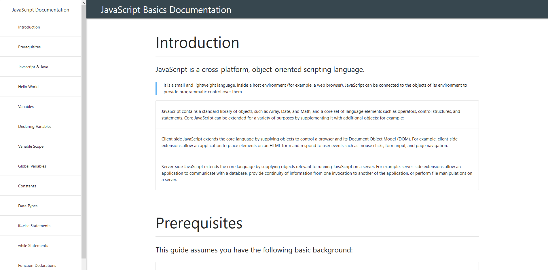 JavaScript Documentation. A Documentation site offering info about JavaScript
